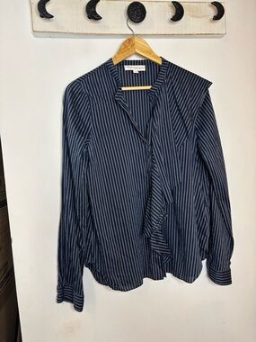 Robert Rodriguez Navy Pinstripe Ruffle-Front Blouse
